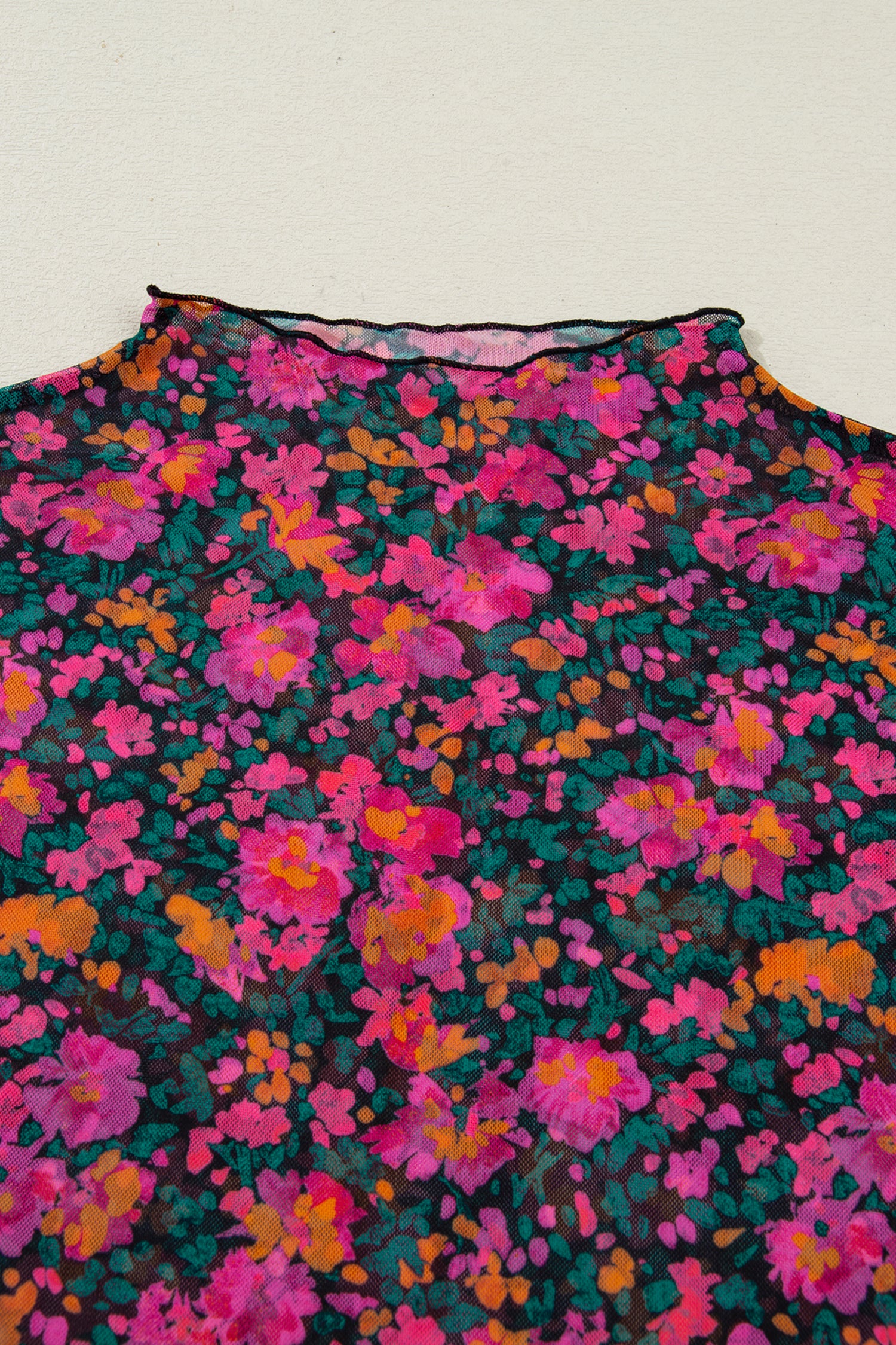 Rose Plus Size Vintage Floral Print Mesh Long Sleeve Top